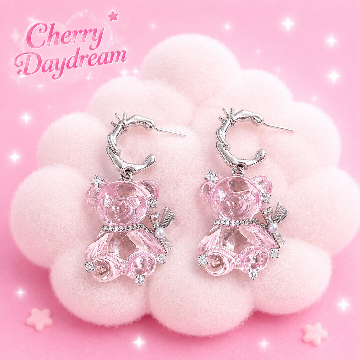 Pink Teddy Bear Hoop Earrings — Y2K Kawaii Crystal Bear Earrings