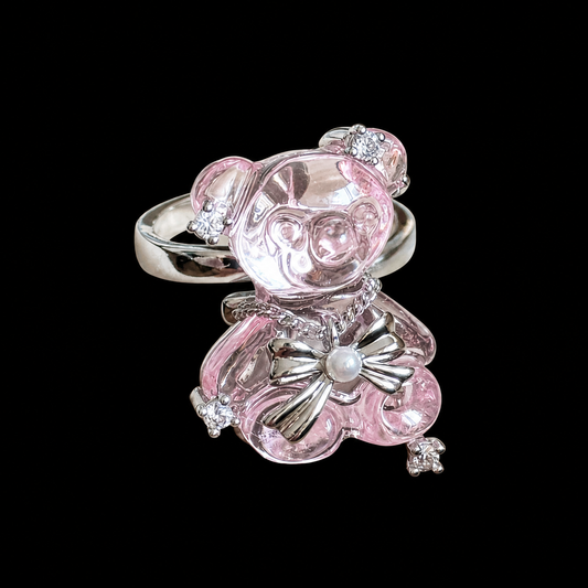 Pink Teddy Bear Ring — Cute Y2K Crystal Bow Bear Statement Ring