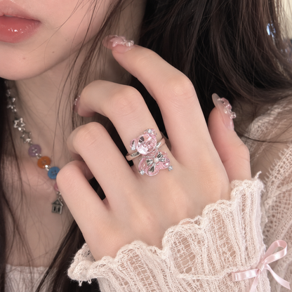 Pink Teddy Bear Ring — Cute Crystal Bow Bear Statement Ring