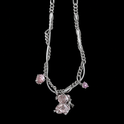 Pink Teddy Bear Charm Necklace — Y2K Cute Crystal Pendant Chain