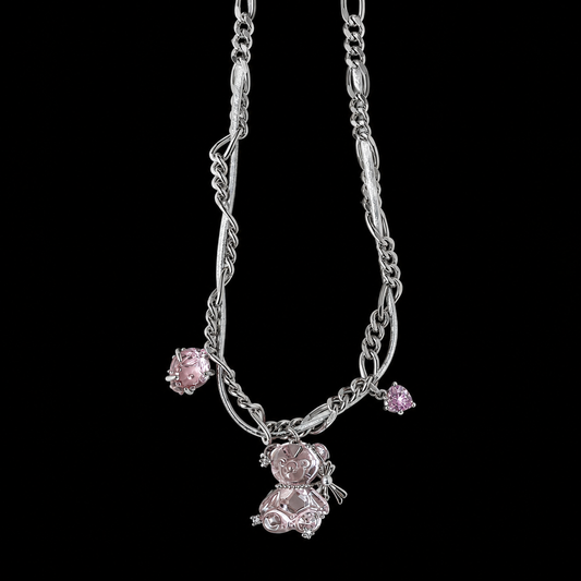 Pink Teddy Bear Charm Necklace — Y2K Cute Crystal Pendant Chain