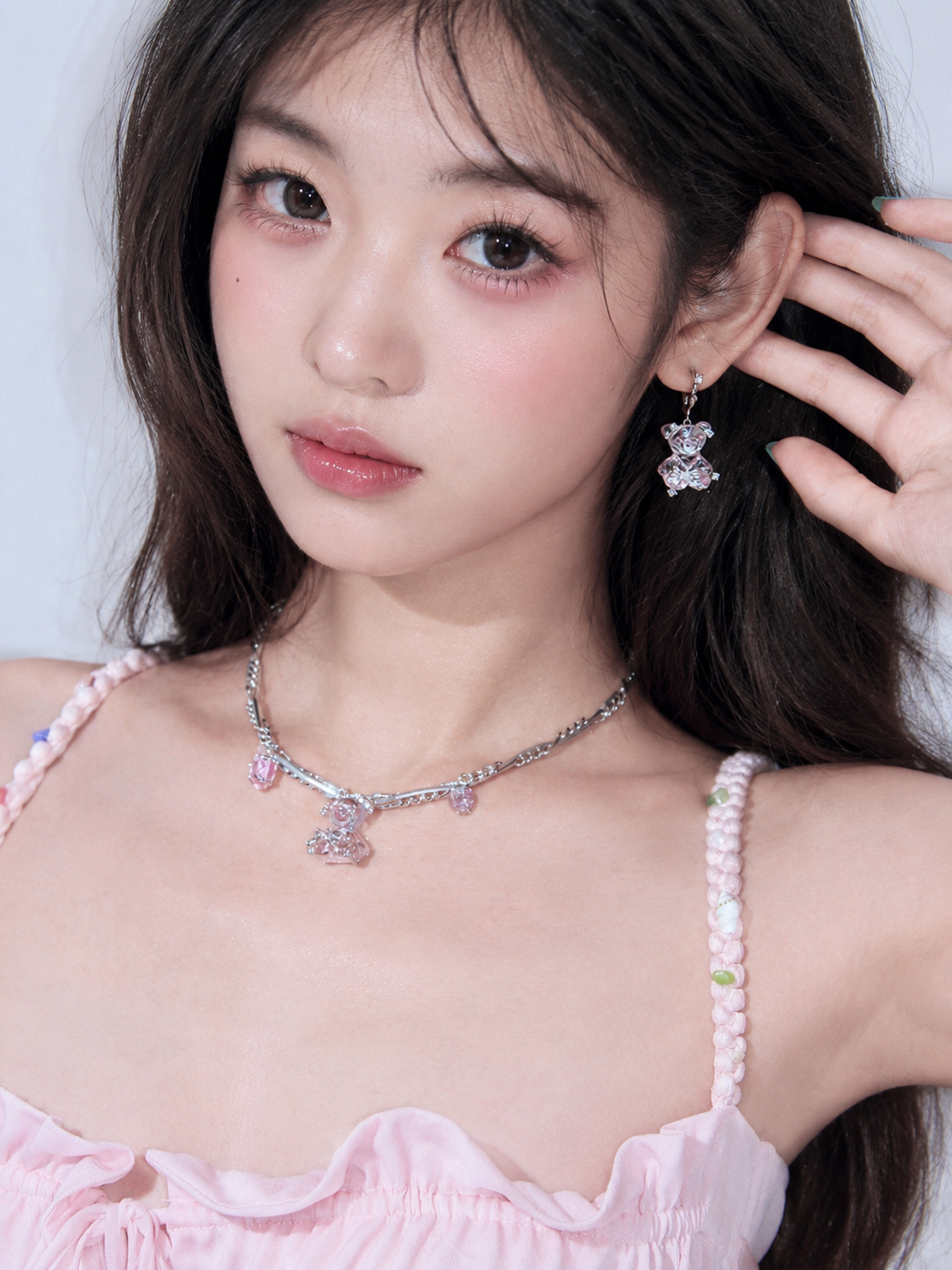 Pink Teddy Bear Charm Necklace — Y2K Cute Crystal Pendant Chain