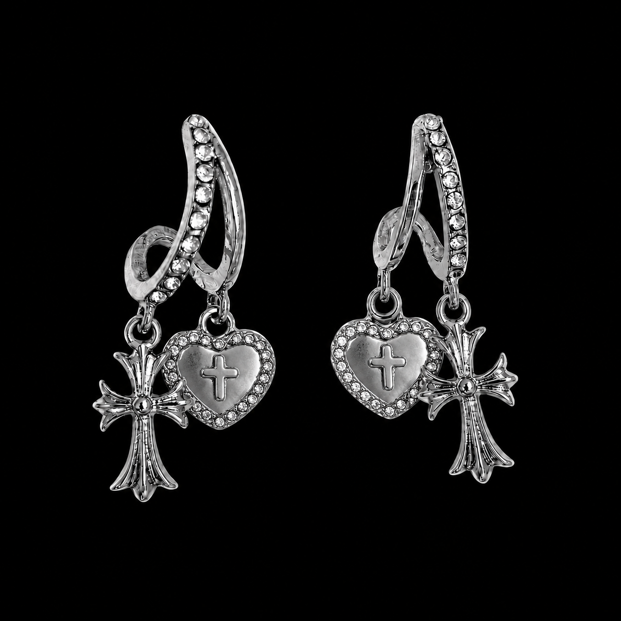 Gothic Heart Cross Charm Earrings — Y2K Punk Silver Statement Earrings