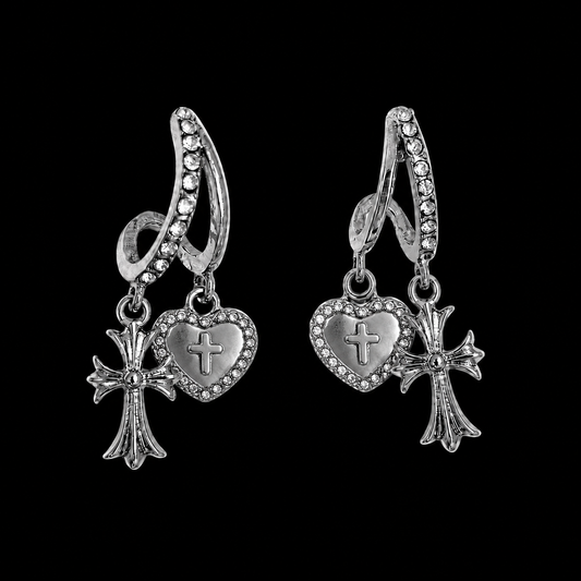 Gothic Heart Cross Charm Earrings — Y2K Punk Silver Statement Earrings