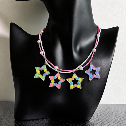 Colorful Star Charm Beaded Necklace — Y2K Kawaii Rainbow Pendant Layered Necklace