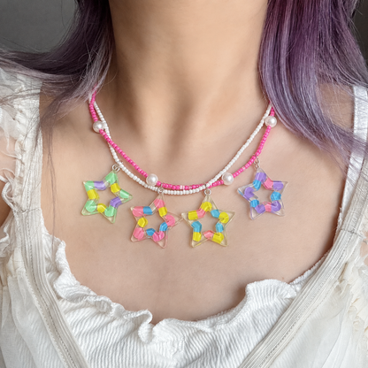 Colorful Star Charm Beaded Necklace — Y2K Kawaii Rainbow Pendant Layered Necklace
