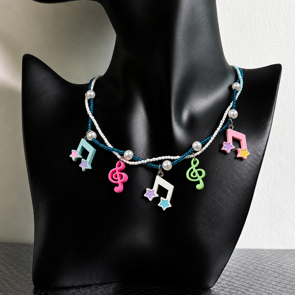 Musical Note Star Charm Necklace — Y2K Kawaii Beaded Pearl Layered Necklace