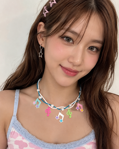 Musical Note Star Charm Necklace — Y2K Kawaii Beaded Pearl Layered Necklace