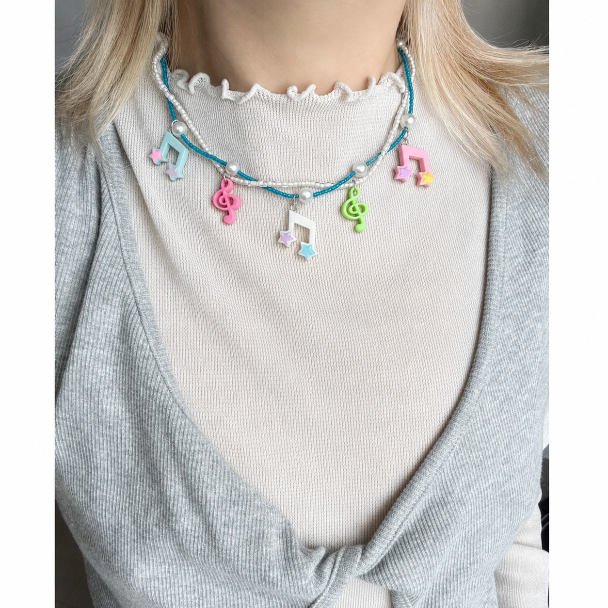Musical Note Star Charm Necklace — Y2K Kawaii Beaded Pearl Layered Necklace