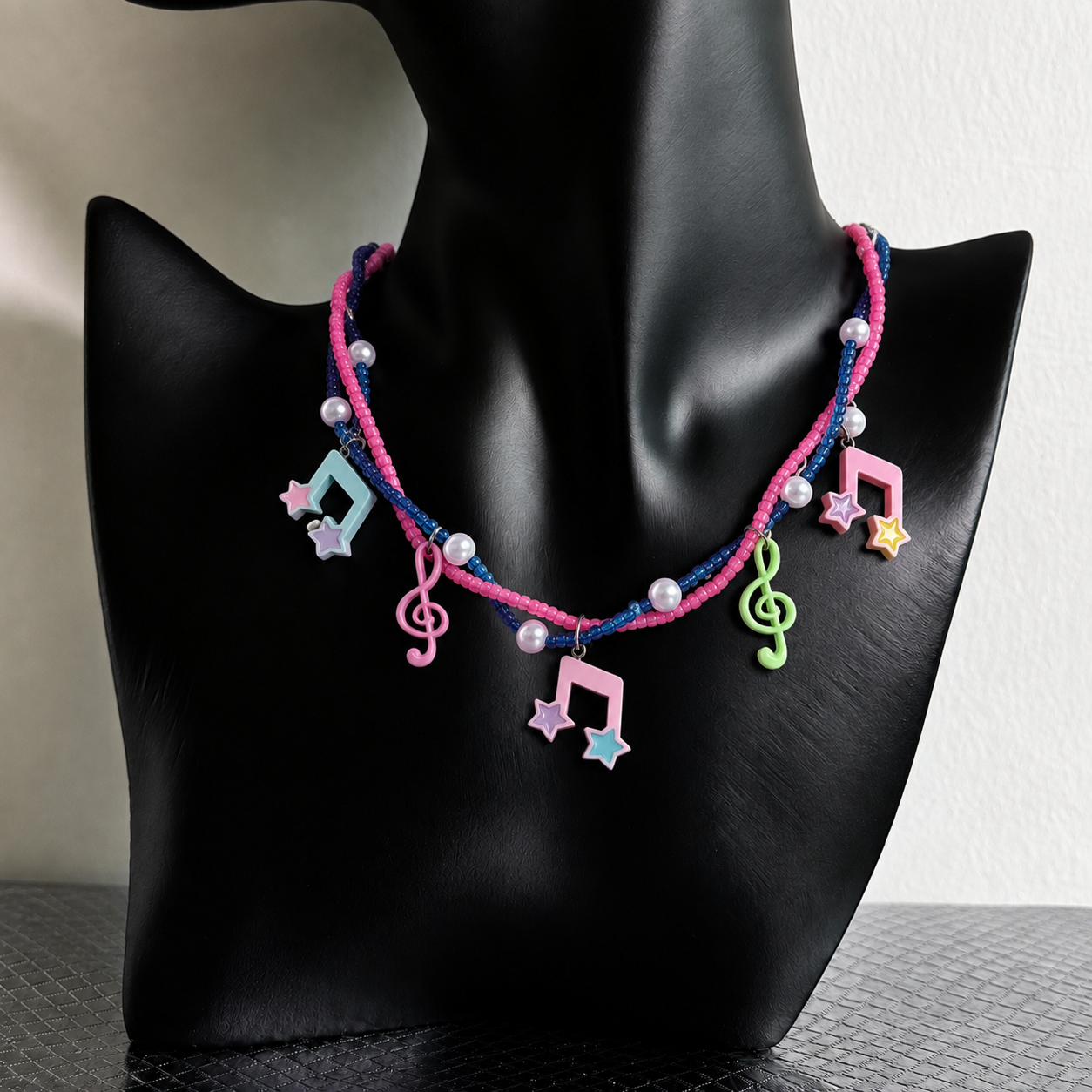 Musical Note Star Charm Necklace — Y2K Kawaii Beaded Pearl Layered Necklace