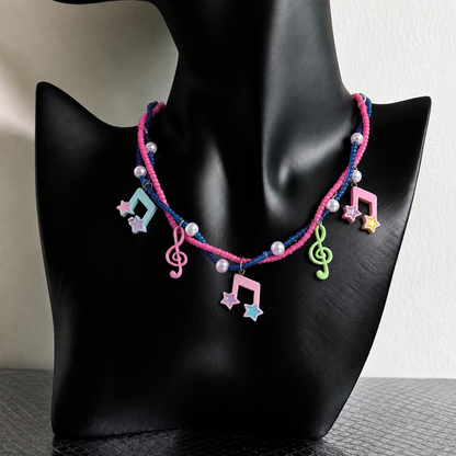 Musical Note Star Charm Necklace — Y2K Kawaii Beaded Pearl Layered Necklace