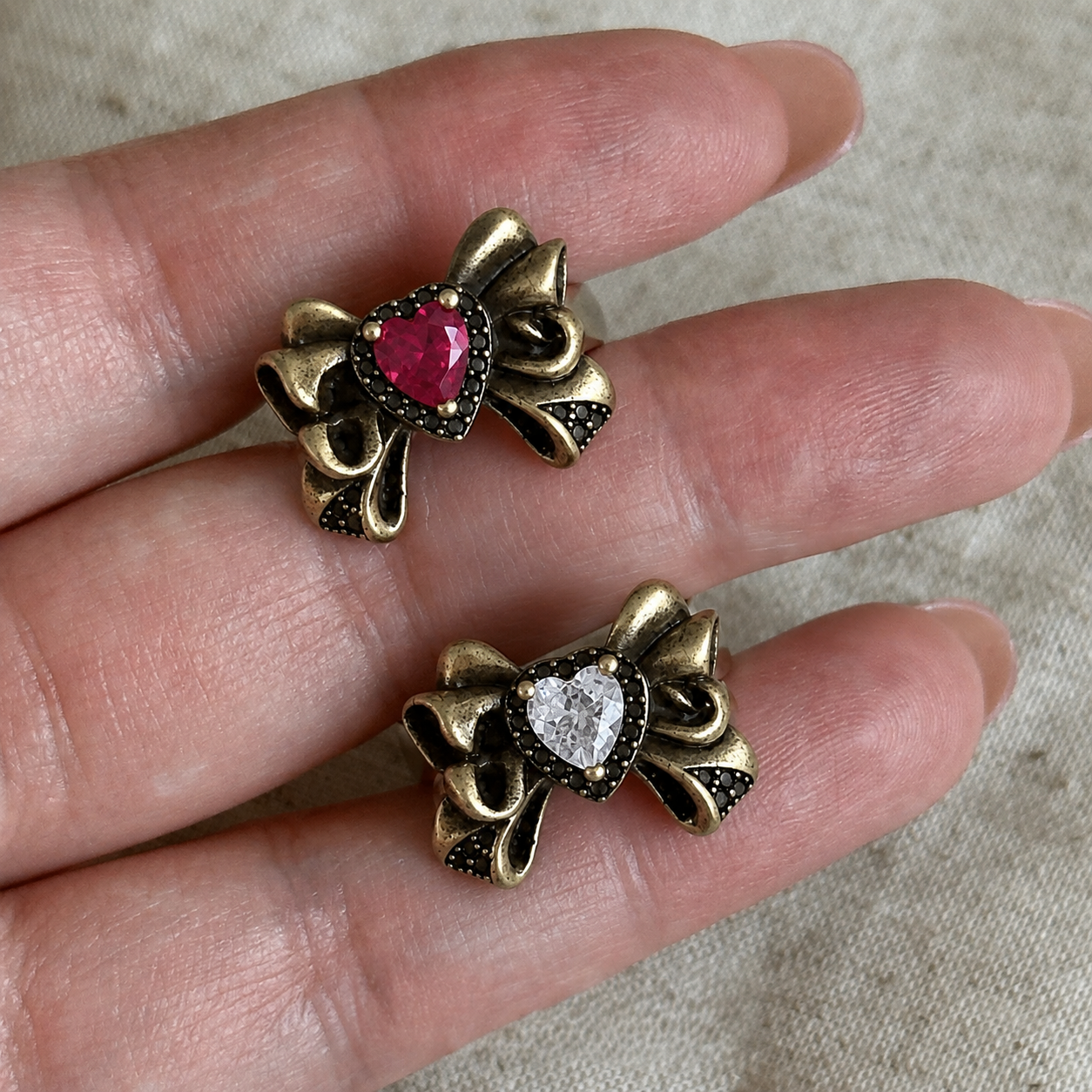 Vintage Heart Bow Ring — Y2K Coquette Gemstone Statement Ring