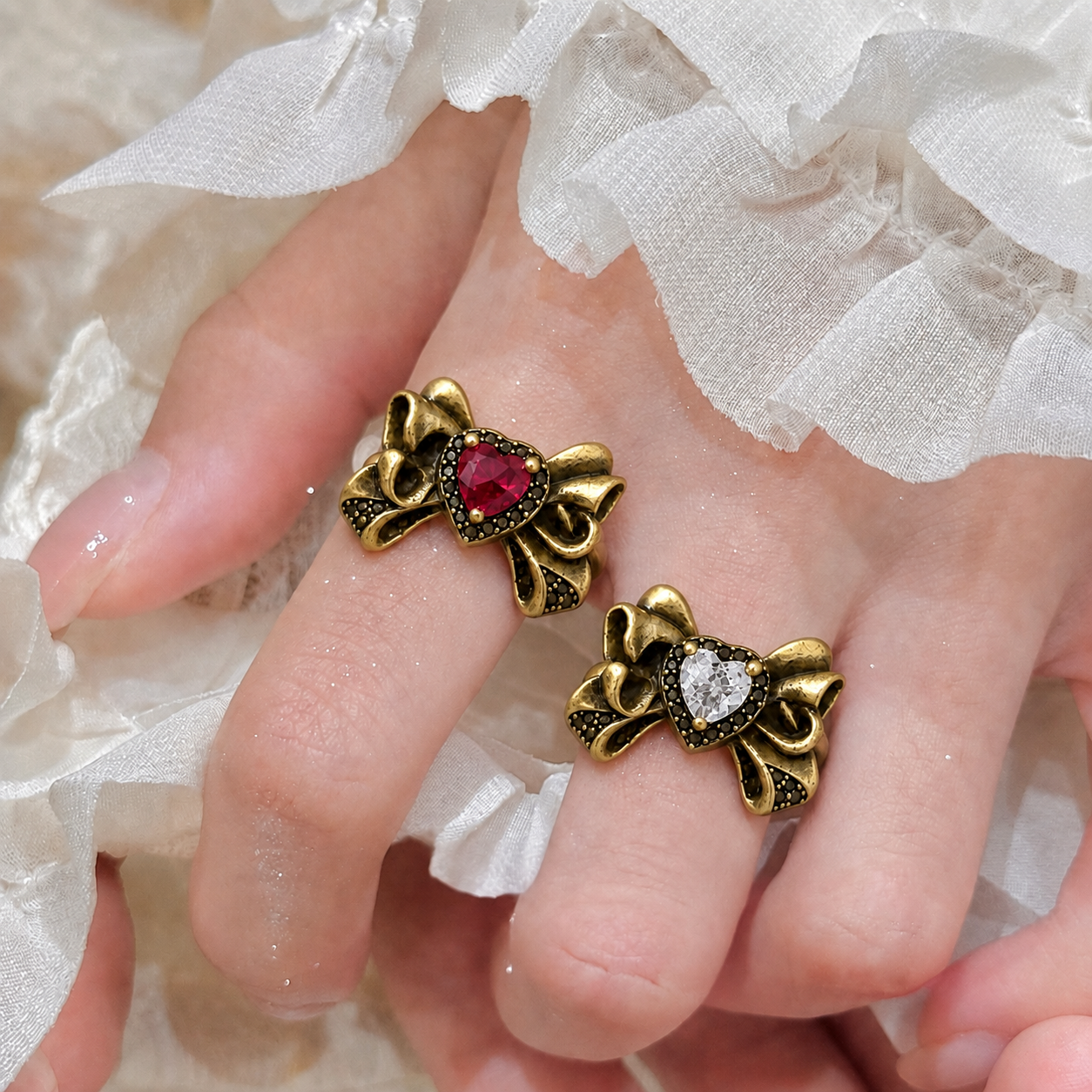 Vintage Heart Bow Ring — Y2K Coquette Gemstone Statement Ring