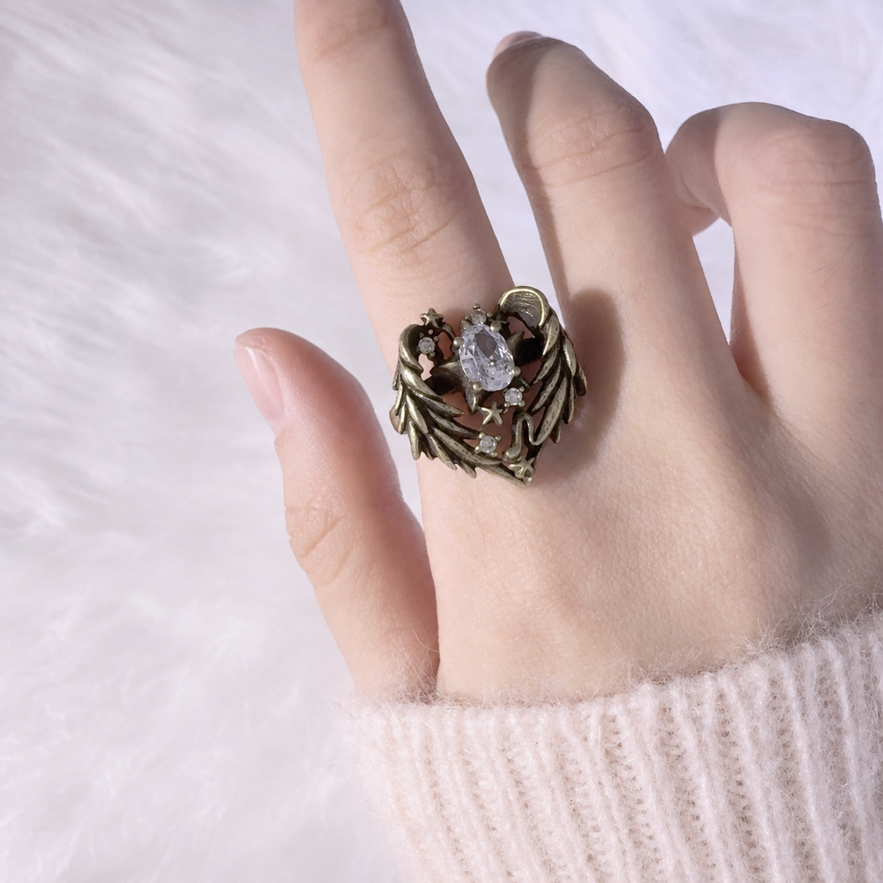 Celestial Wing Gemstone Ring — Vintage Fantasy Statement Ring
