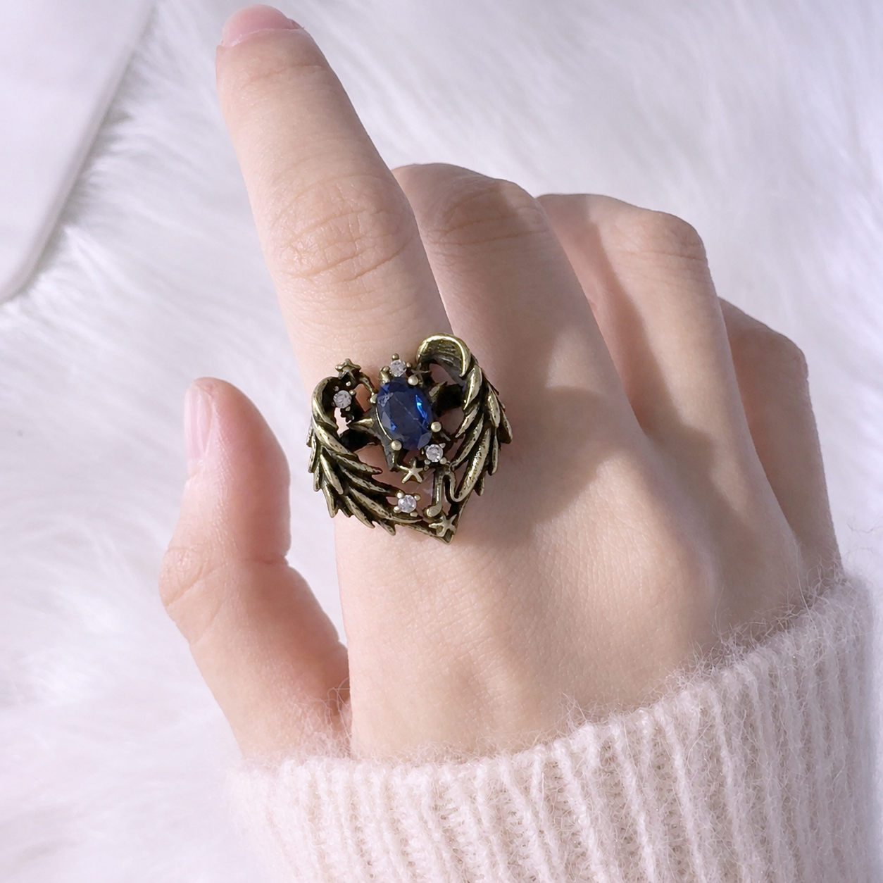 Celestial Wing Gemstone Ring — Vintage Fantasy Statement Ring