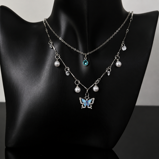 Celestial Butterfly Pearl Layered Necklace – Vintage Silver Alloy Charm Necklace