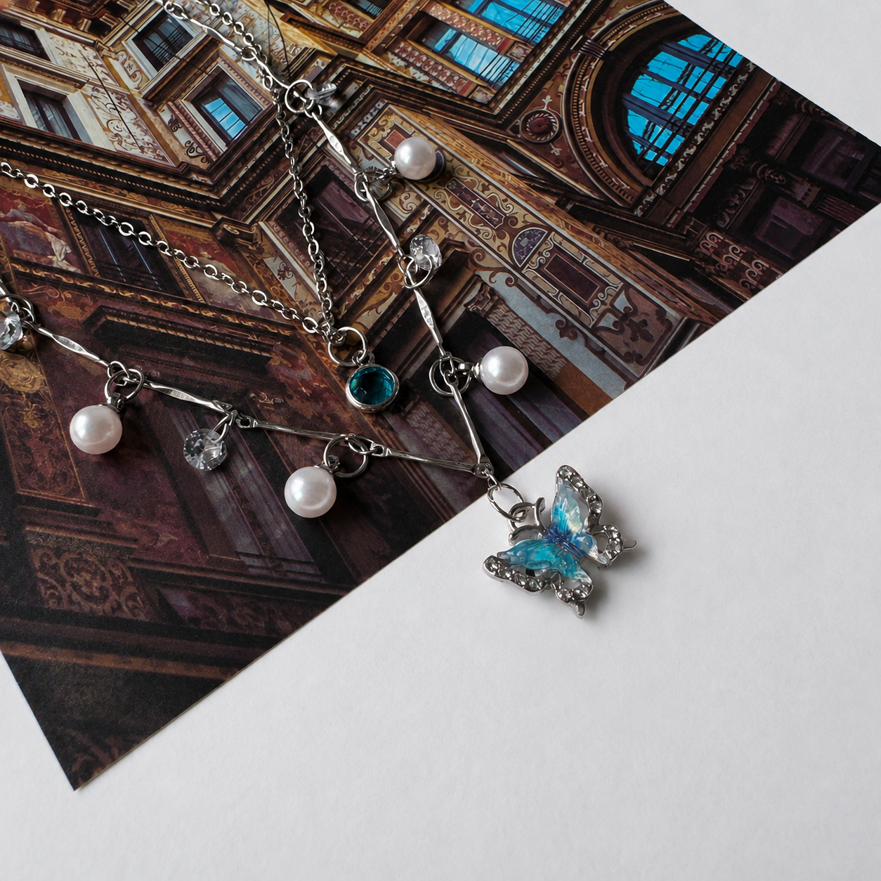 Celestial Butterfly Pearl Layered Necklace – Vintage Silver Alloy Charm Necklace
