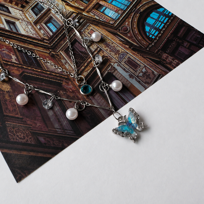 Celestial Butterfly Pearl Layered Necklace – Vintage Silver Alloy Charm Necklace