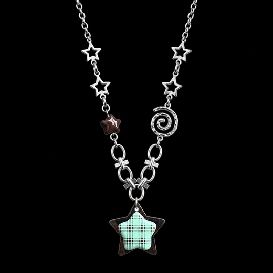 Plaid Star Charm Necklace — Y2K Vintage Layered Chain Necklace
