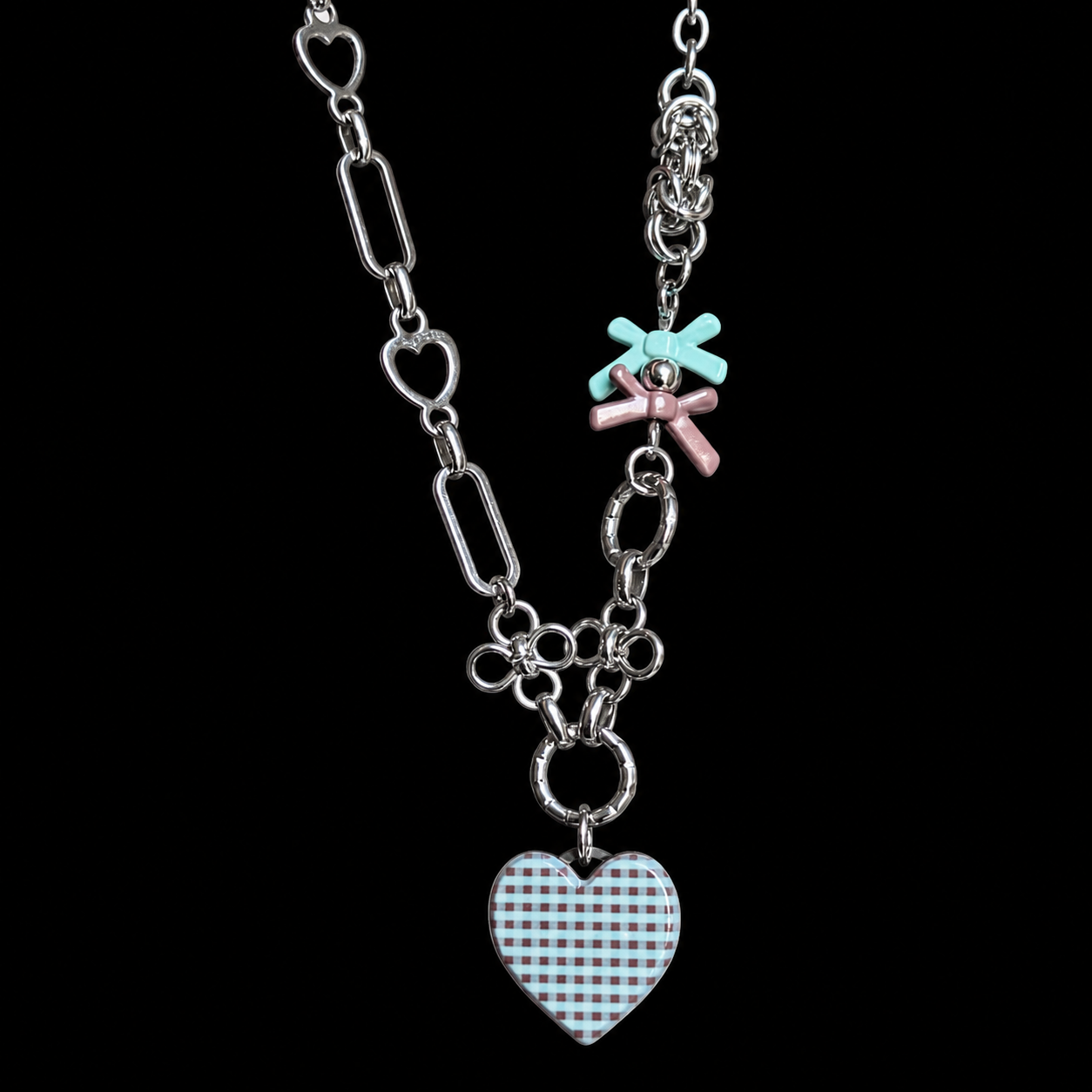 Gingham Heart Charm Necklace — Y2K Sweet Layered Chain Jewelry
