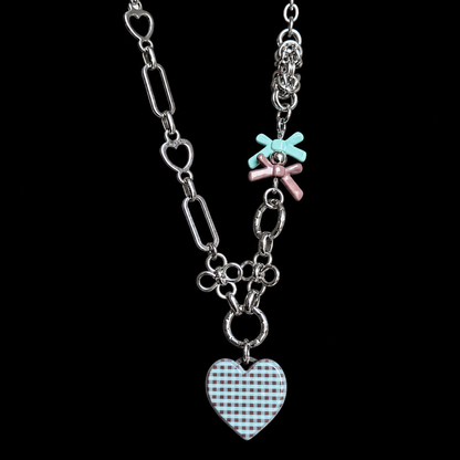 Gingham Heart Charm Necklace — Y2K Sweet Layered Chain Jewelry