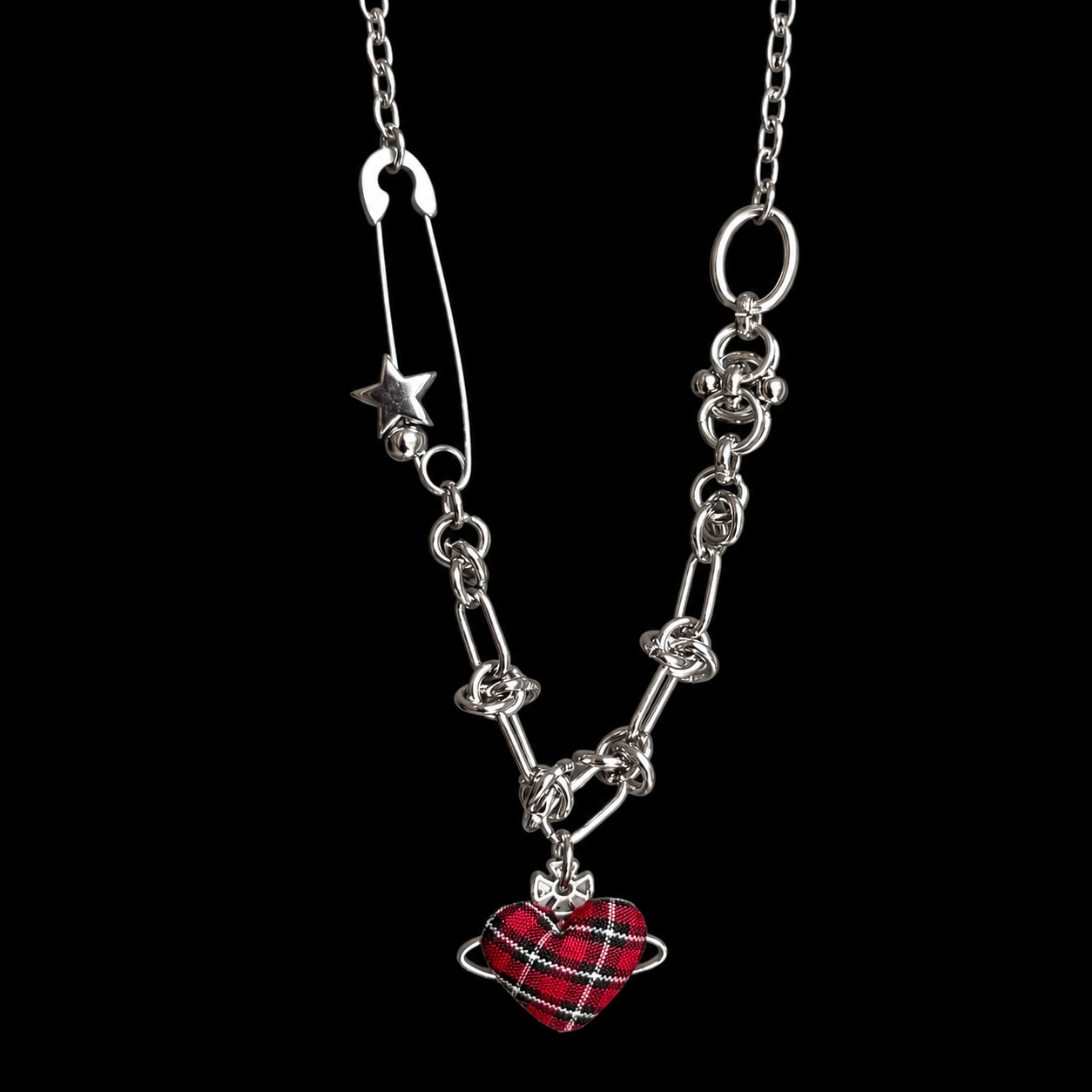 Red Plaid Heart Necklace — Y2K Vintage Punk Layered Jewelry
