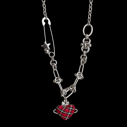 Red Plaid Heart Necklace — Y2K Vintage Punk Layered Jewelry