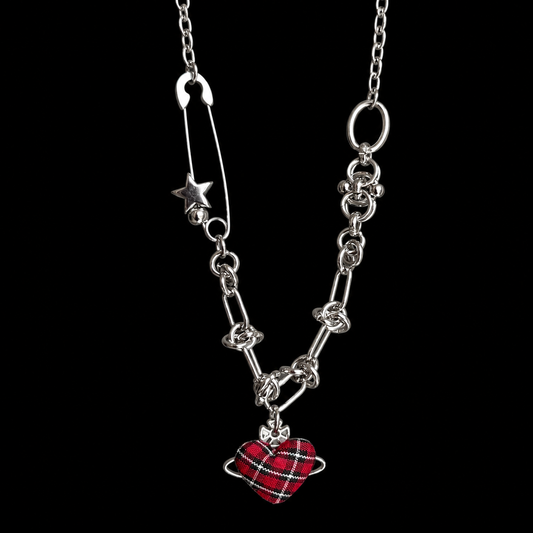 Red Plaid Heart Necklace — Y2K Vintage Punk Layered Jewelry