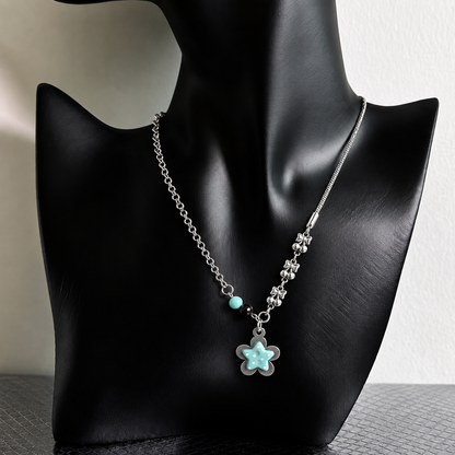 Mint Star Flower Charm Necklace — Y2K Dreamcore Layered Chain Jewelry