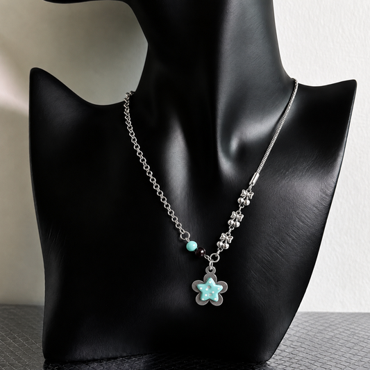 Mint Star Flower Charm Necklace — Y2K Dreamcore Layered Chain Jewelry