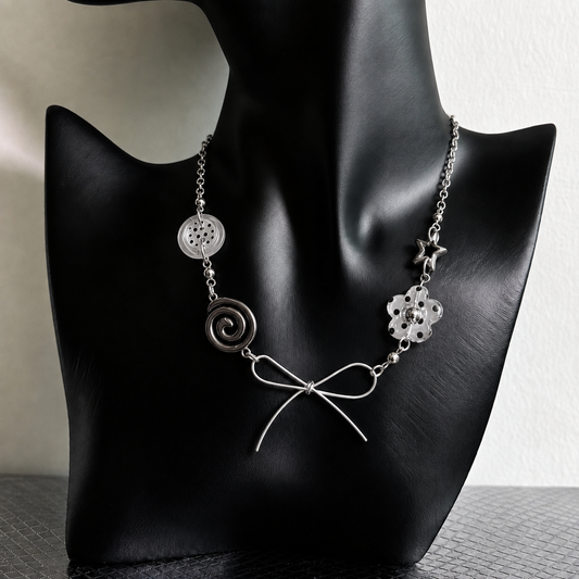 Silver Bow Charm Necklace — Y2K Vintage Layered Chain Jewelry