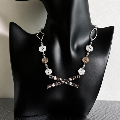 Vintage Bow Charm Necklace — Y2K Floral Ribbon Layered Jewelry