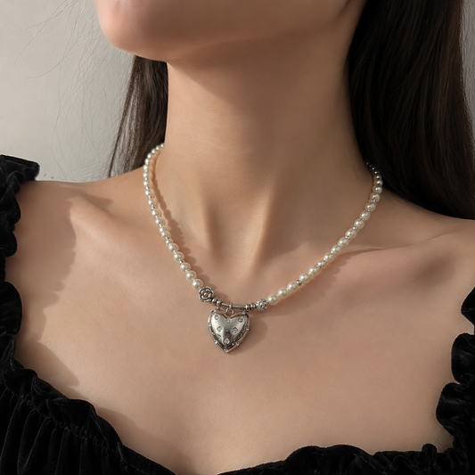 Pearl Heart Necklace-Romantic Vintage Charm Jewelry