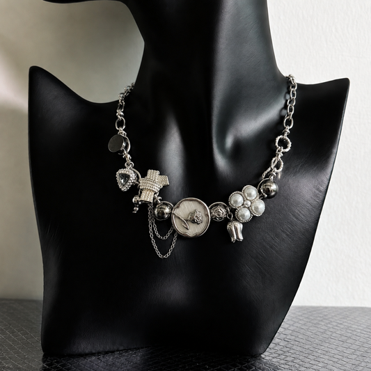 Silver Charm Necklace | Vintage Pearl Chain Statement Jewelry