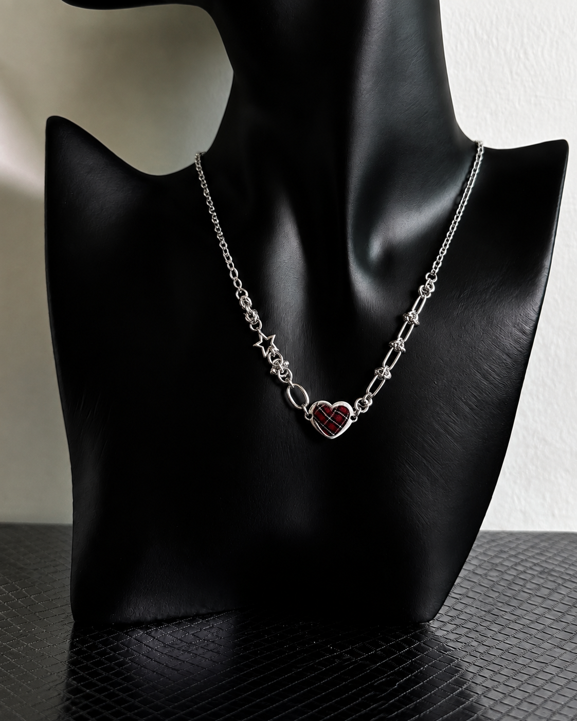 Tartan Heart Necklace — Y2K Gothic Plaid Charm Necklace