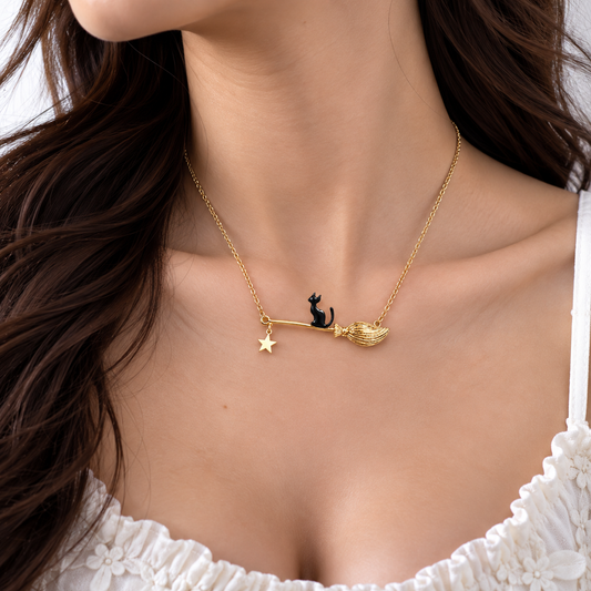 Cat on a Broom Star Necklace