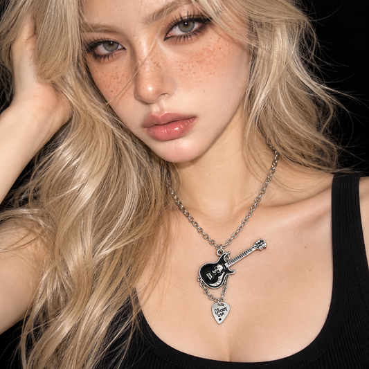 Black Skull Guitar Charm Necklace