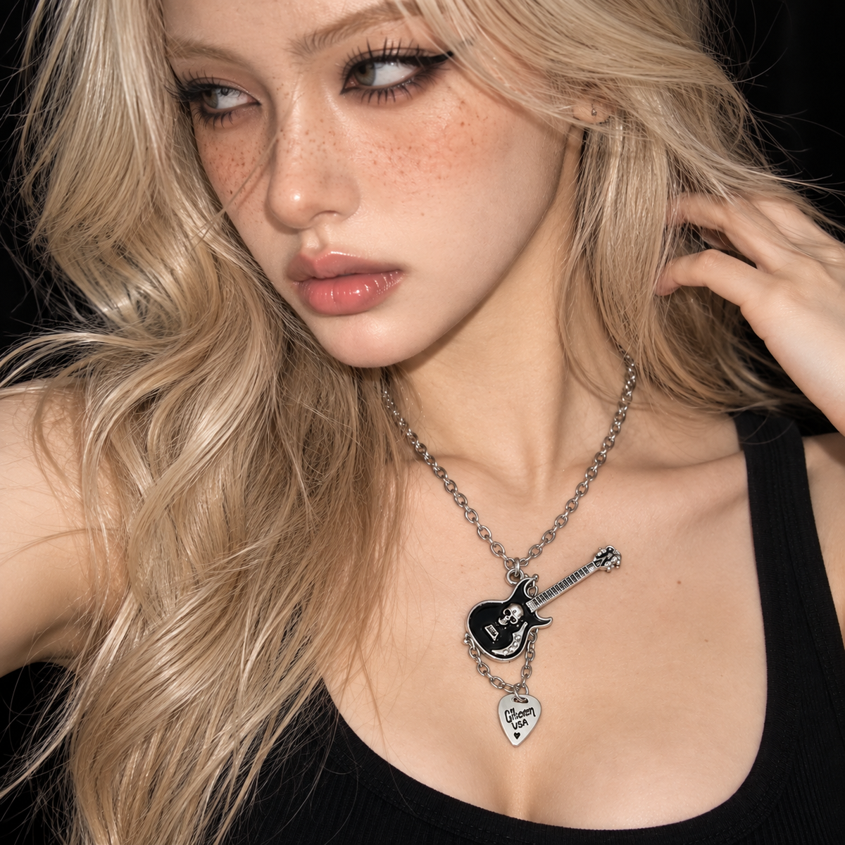 Black Skull Guitar Charm Necklace