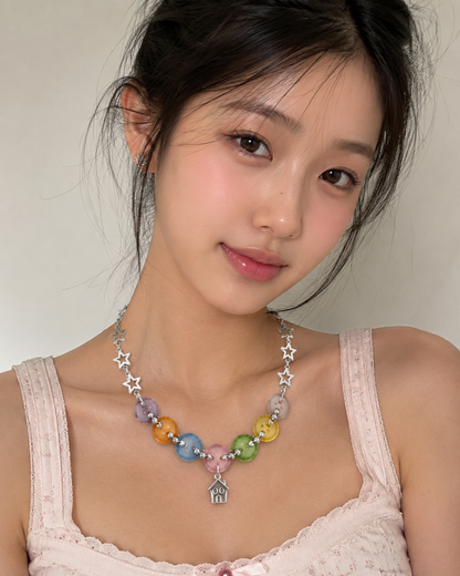 Colorful Button Star Necklace — Y2K Kawaii Charm Statement Necklace