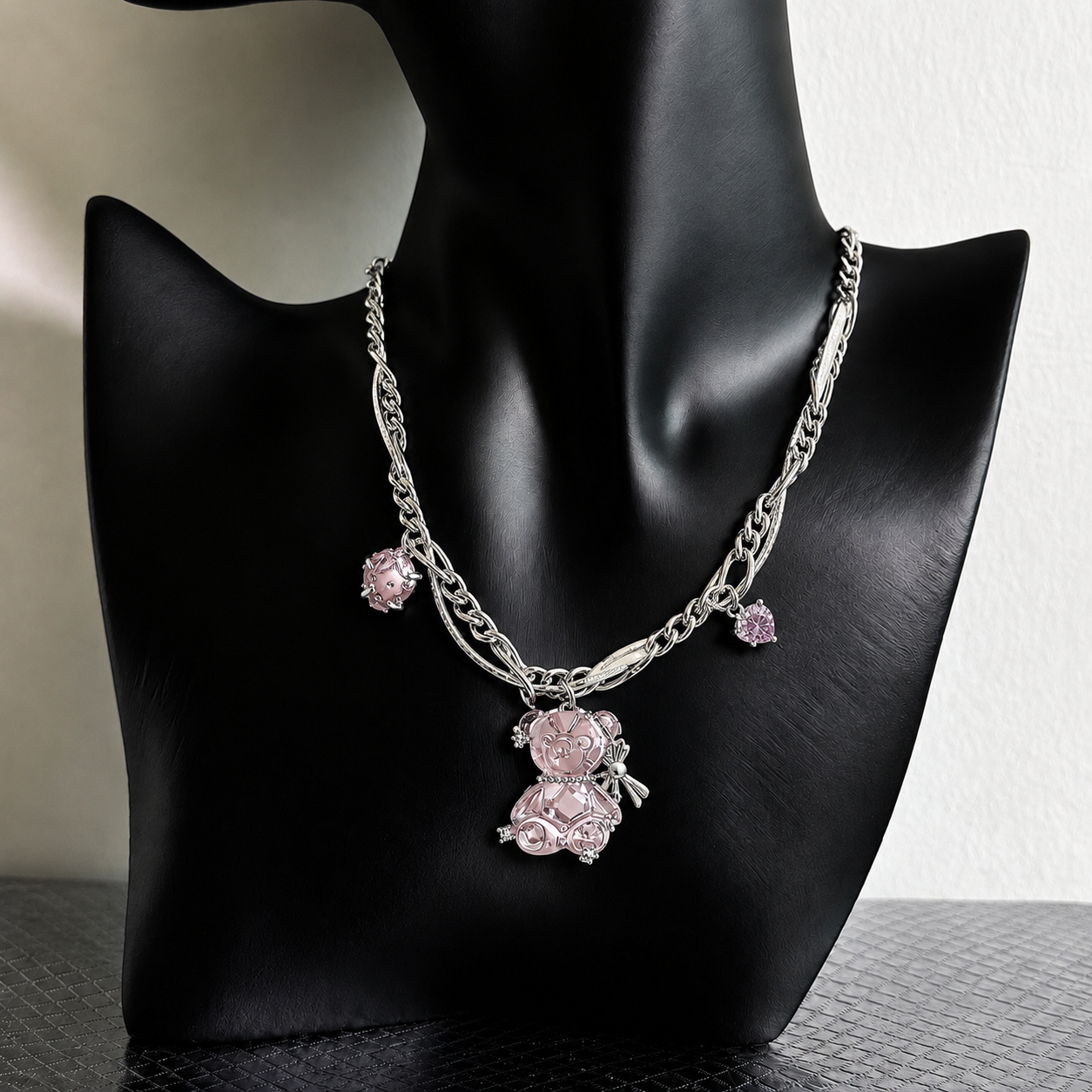 Pink Teddy Bear Charm Necklace — Y2K Cute Crystal Pendant Chain