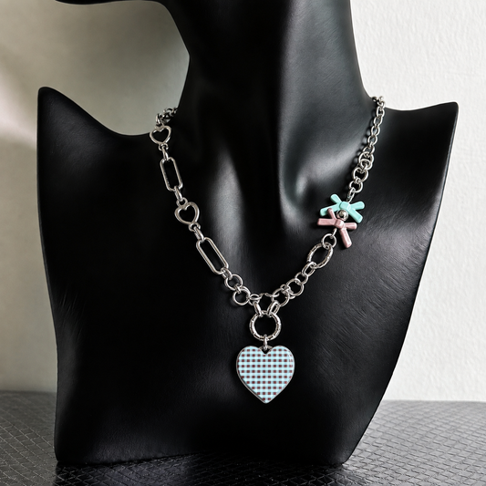 Gingham Heart Charm Necklace — Y2K Sweet Layered Chain Jewelry