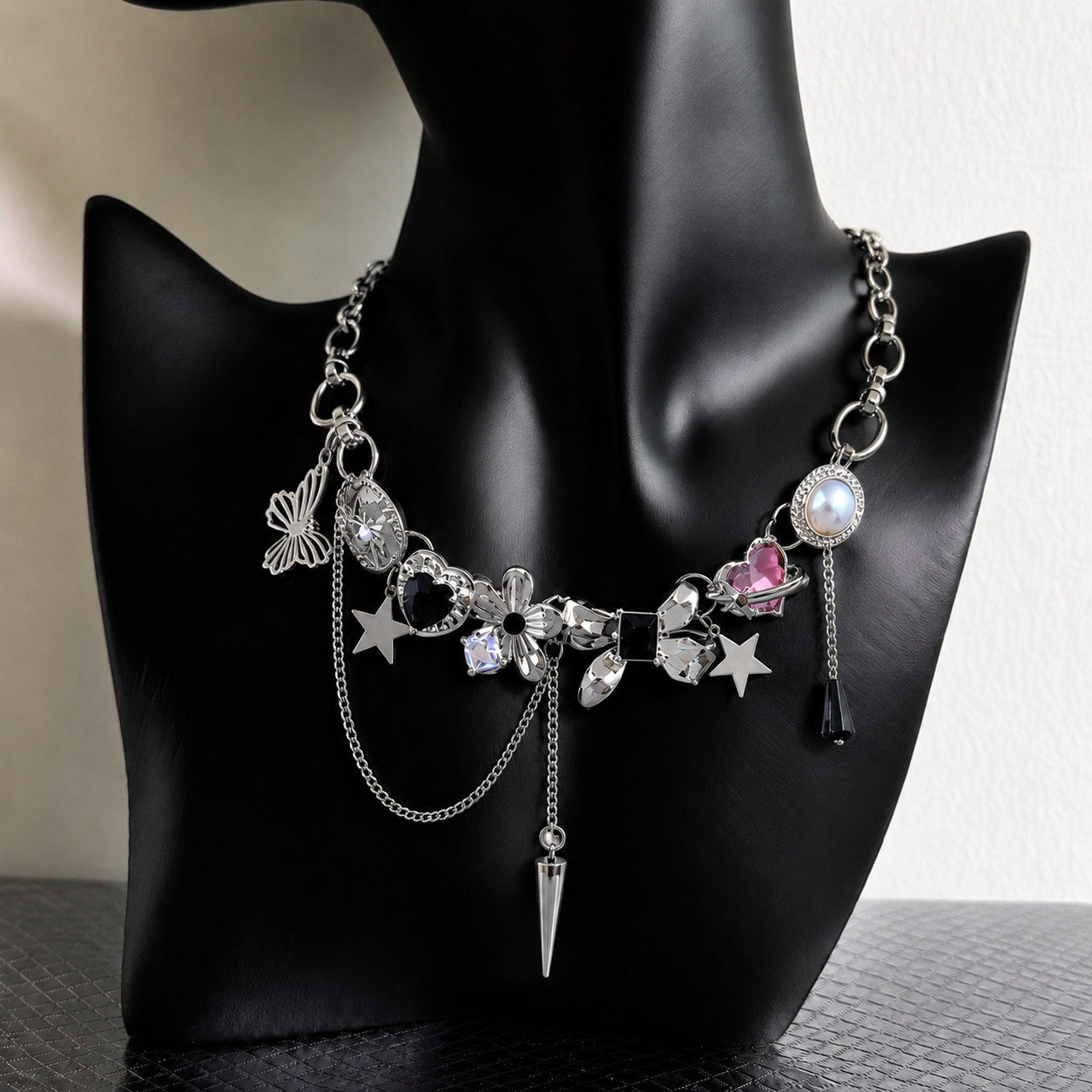 Celestial Charm Chain Necklace – Y2K Silver Alloy Statement Choker Necklace with Stars & Butterfly Pendants