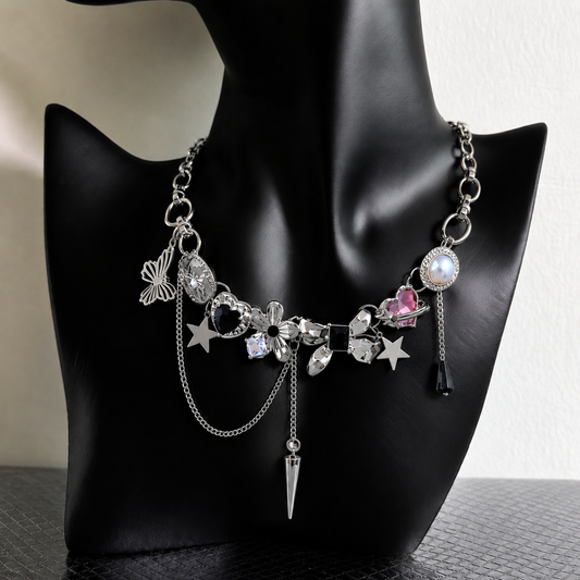 Celestial Charm Chain Necklace – Y2K Silver Alloy Statement Choker Necklace with Stars & Butterfly Pendants