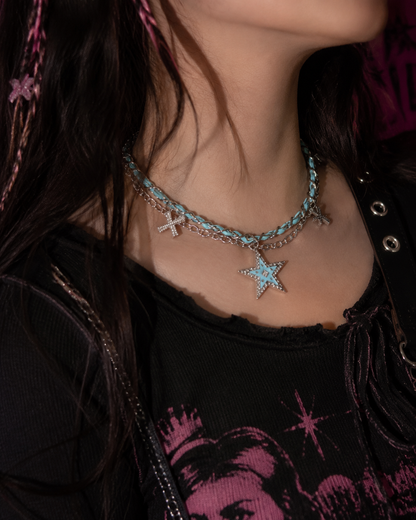 Blue Star Layered Chain Necklace – Y2K Gothic Cross Charm Statement Necklace