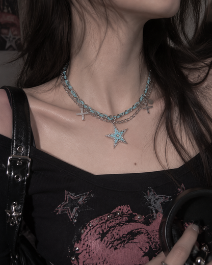 Blue Star Layered Chain Necklace – Y2K Gothic Cross Charm Statement Necklace