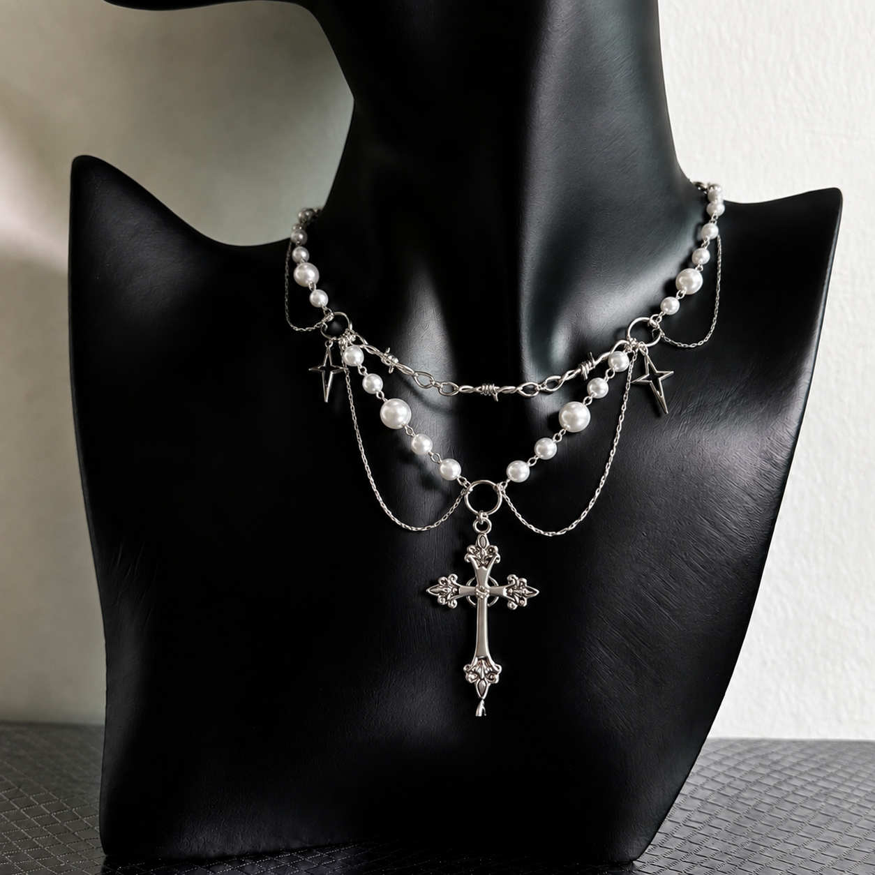 Vintage Pearl Cross Layered Necklace – Gothic Star Charm Statement Necklace