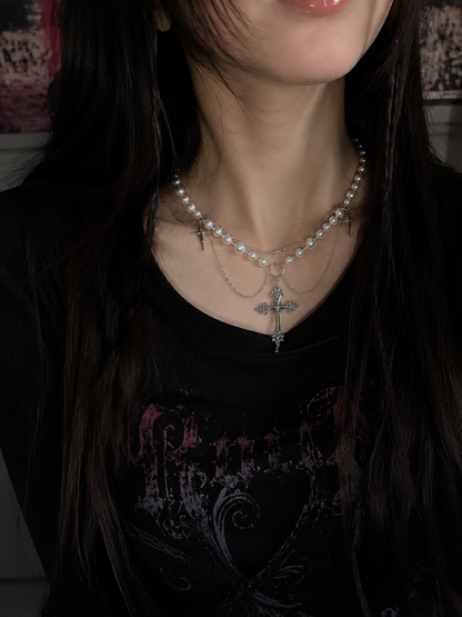 Vintage Pearl Cross Layered Necklace – Gothic Star Charm Statement Necklace
