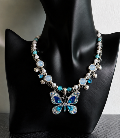 Blue Butterfly Pearl Layered Necklace – Dreamy Fairycore Statement Jewelry