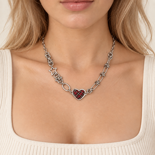 Tartan Heart Necklace — Y2K Gothic Plaid Charm Necklace