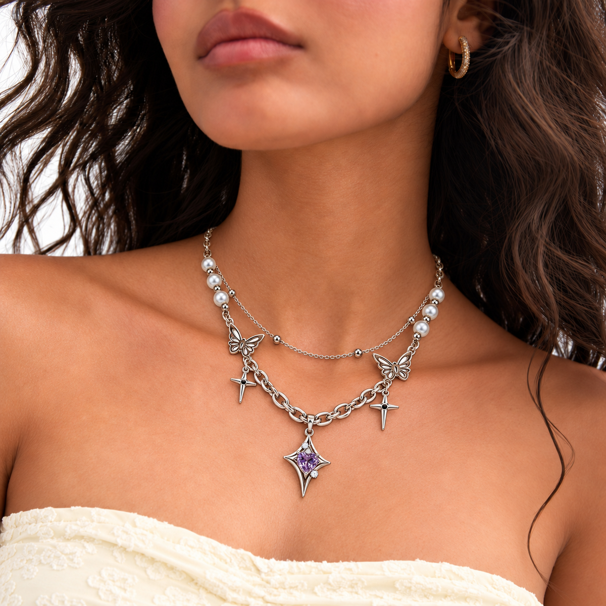 Purple Heart Butterfly Layered Charm Necklace